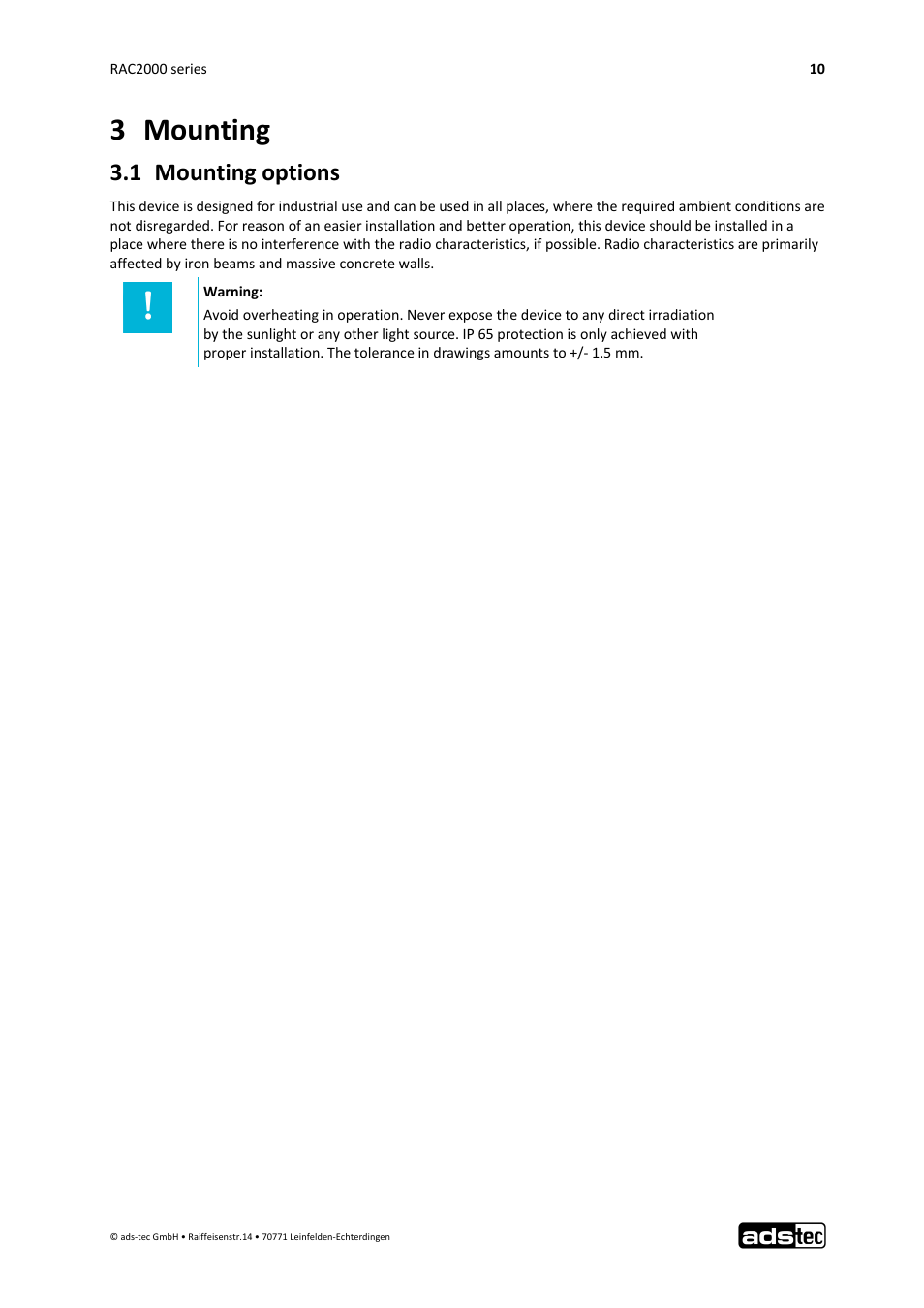 3 mounting, 1 mounting options | ADS-TEC RAC2000 User Manual User Manual | Page 11 / 36