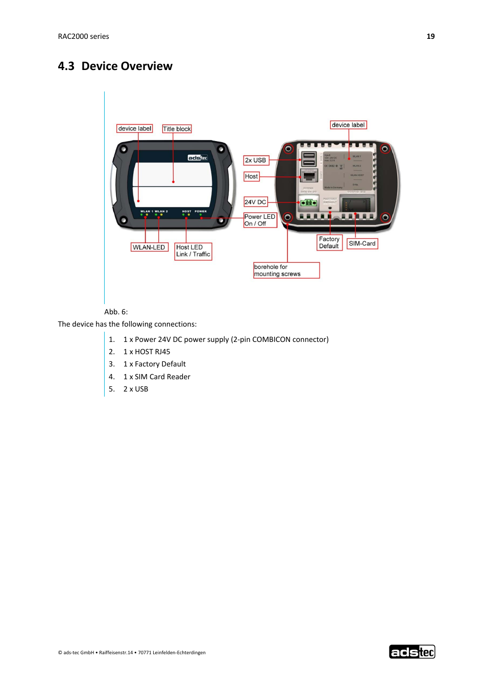 3 device overview | ADS-TEC RAC2000 User Manual User Manual | Page 20 / 36