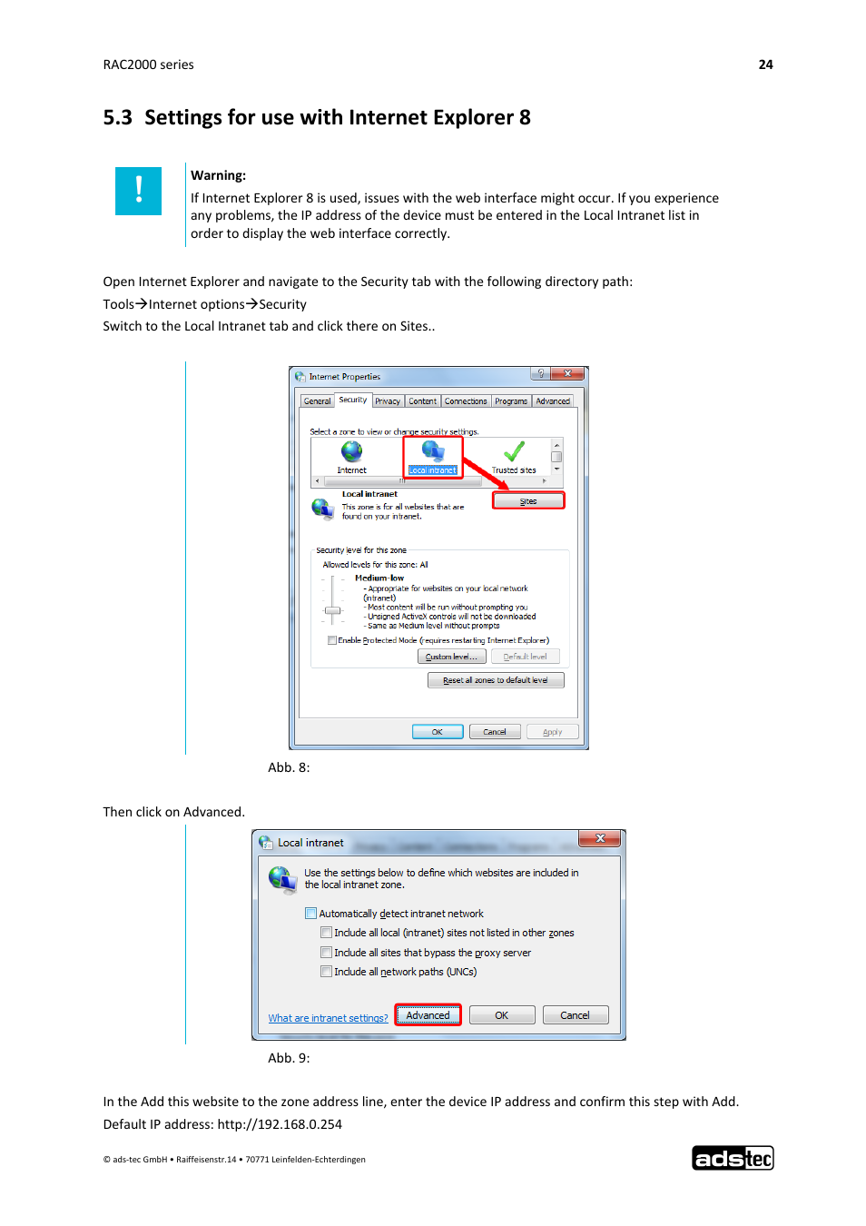 3 settings for use with internet explorer 8 | ADS-TEC RAC2000 User Manual User Manual | Page 25 / 36