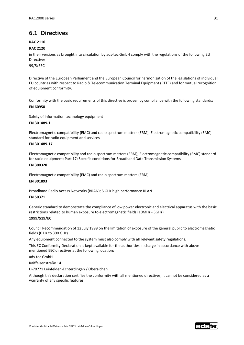 1 directives | ADS-TEC RAC2000 User Manual User Manual | Page 32 / 36