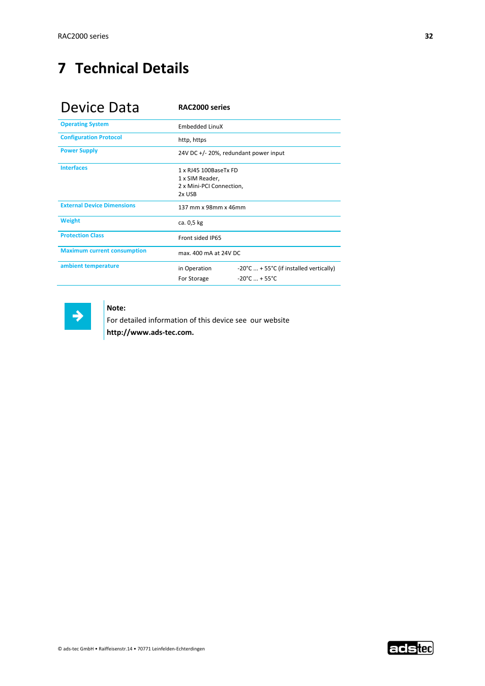 7 technical details, Device data | ADS-TEC RAC2000 User Manual User Manual | Page 33 / 36