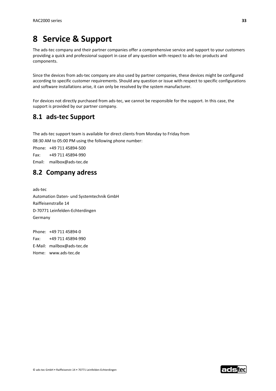 8 service & support, 1 ads‐tec support, 2 company adress | ADS-TEC RAC2000 User Manual User Manual | Page 34 / 36