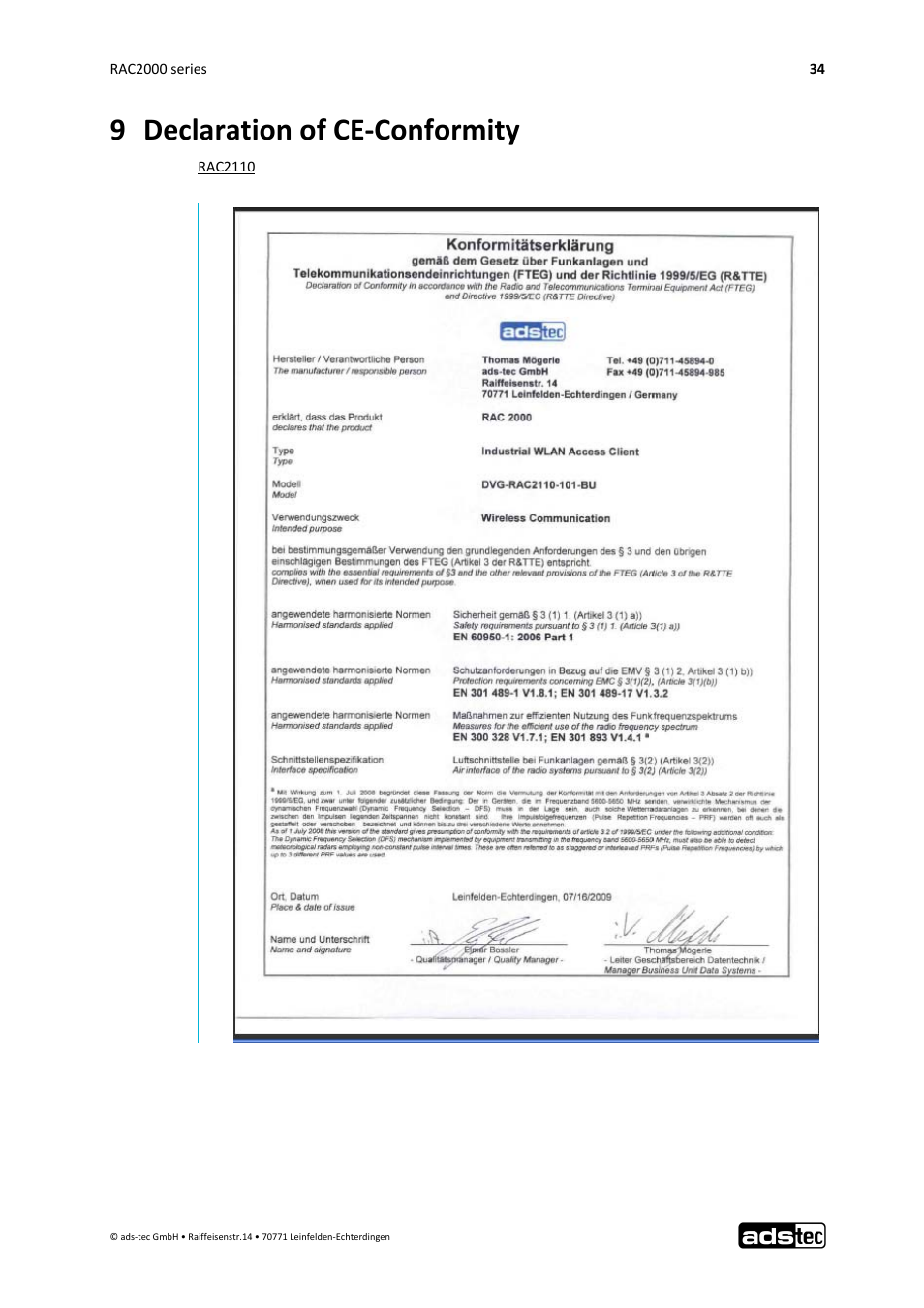 9 declaration of ce‐conformity | ADS-TEC RAC2000 User Manual User Manual | Page 35 / 36