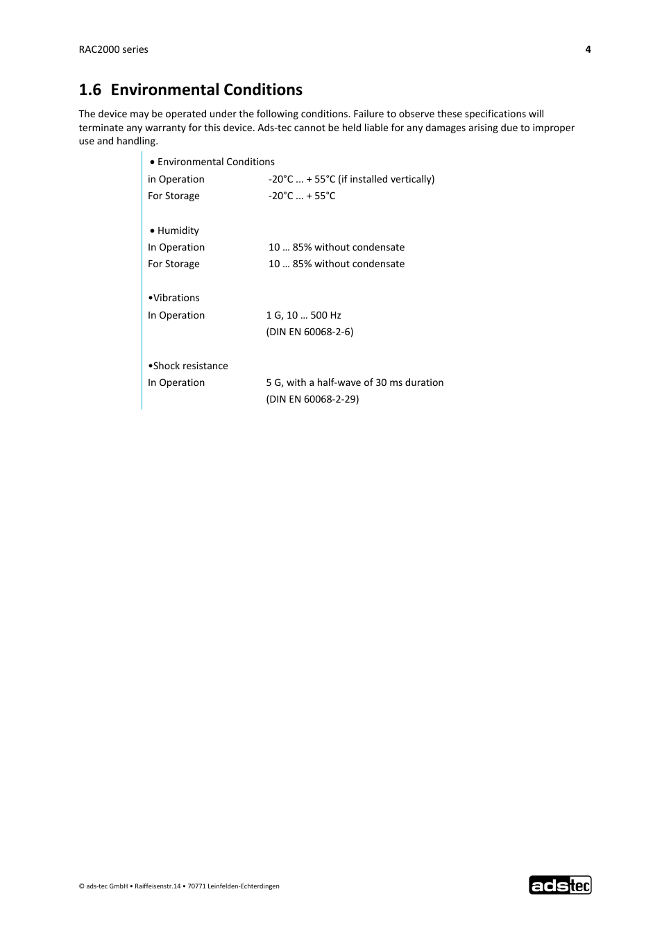 6 environmental conditions | ADS-TEC RAC2000 User Manual User Manual | Page 5 / 36