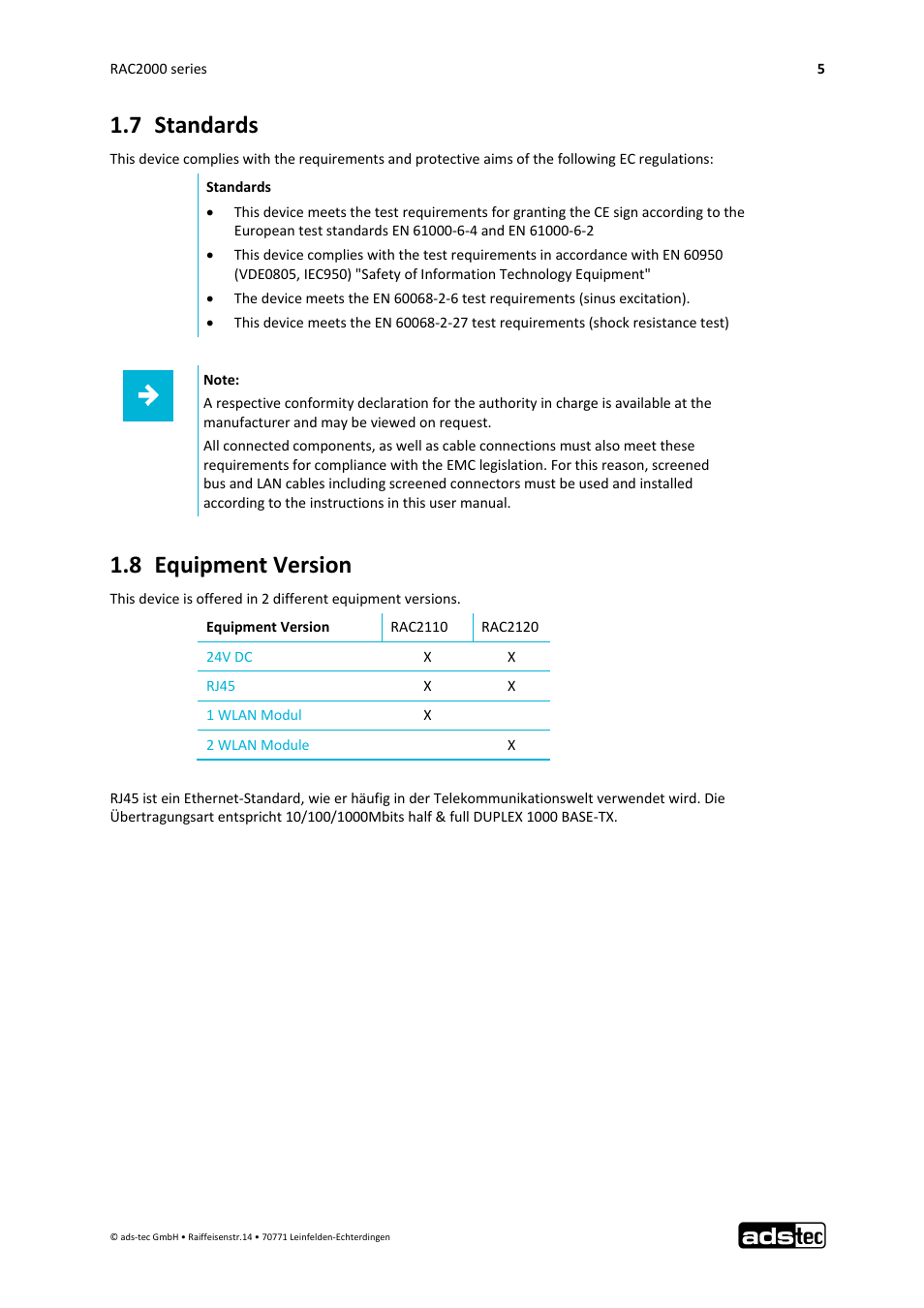 7 standards, 8 equipment version | ADS-TEC RAC2000 User Manual User Manual | Page 6 / 36