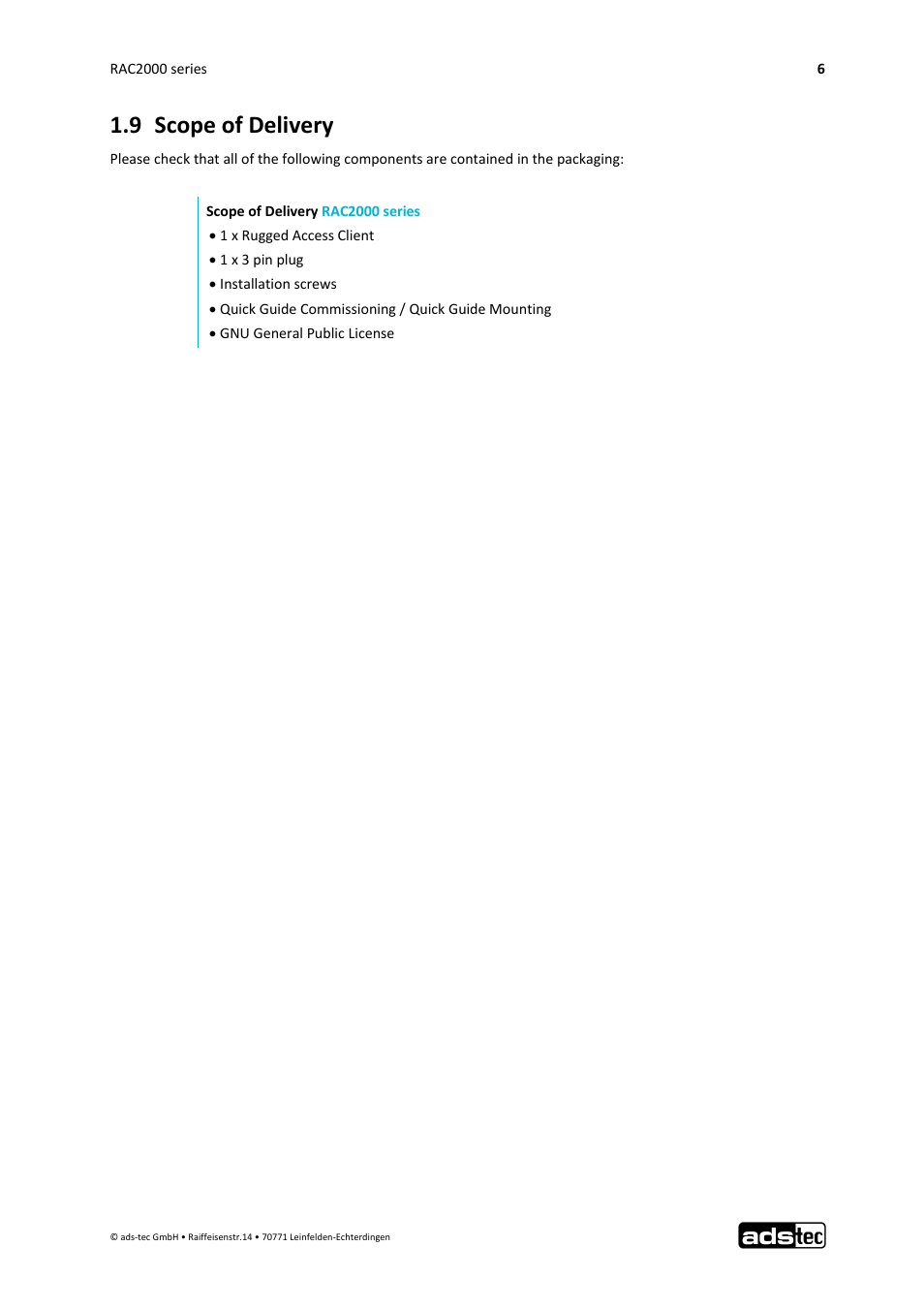 9 scope of delivery | ADS-TEC RAC2000 User Manual User Manual | Page 7 / 36