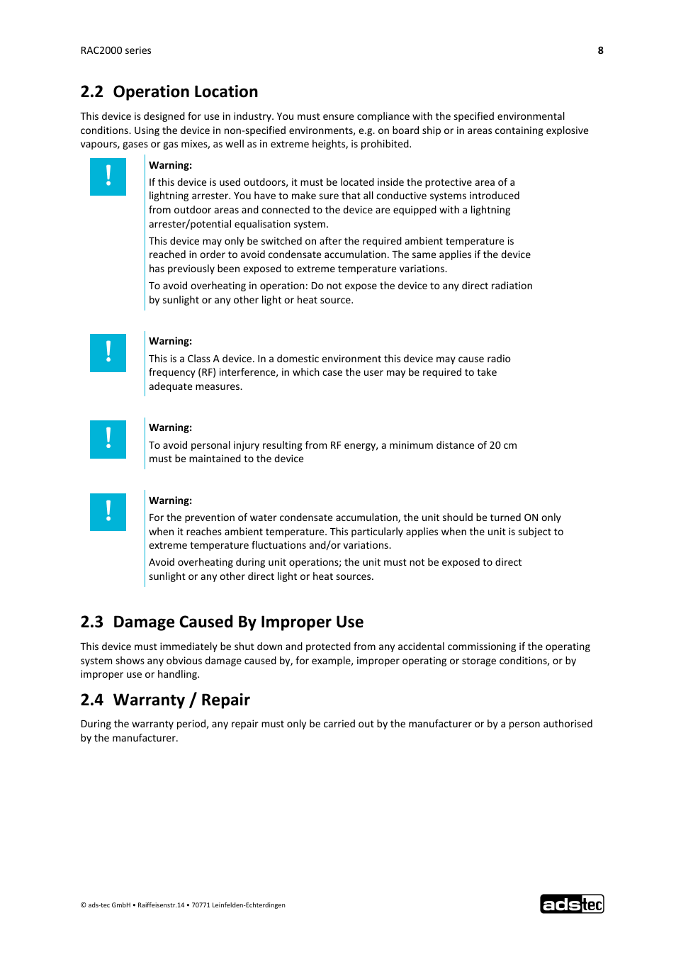 2 operation location, 3 damage caused by improper use, 4 warranty / repair | ADS-TEC RAC2000 User Manual User Manual | Page 9 / 36