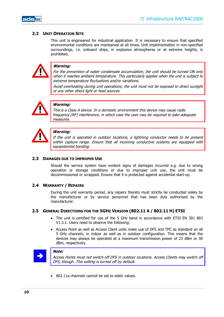 2 unit operation site, 3 damages due to improper use, 4 warranty / repairs | Peration, Amages due to improper, Arranty, Epairs, Eneral, Irections for the, Ersion | ADS-TEC RAP/RAC1000 User Manual User Manual | Page 10 / 215