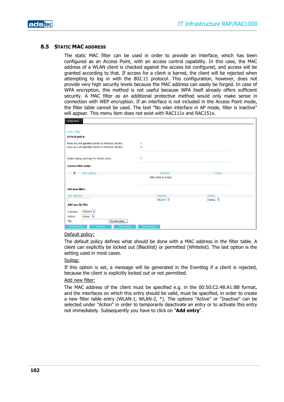5 static mac address, Tatic, Address | It infrastructure rap/rac1000 | ADS-TEC RAP/RAC1000 User Manual User Manual | Page 102 / 215