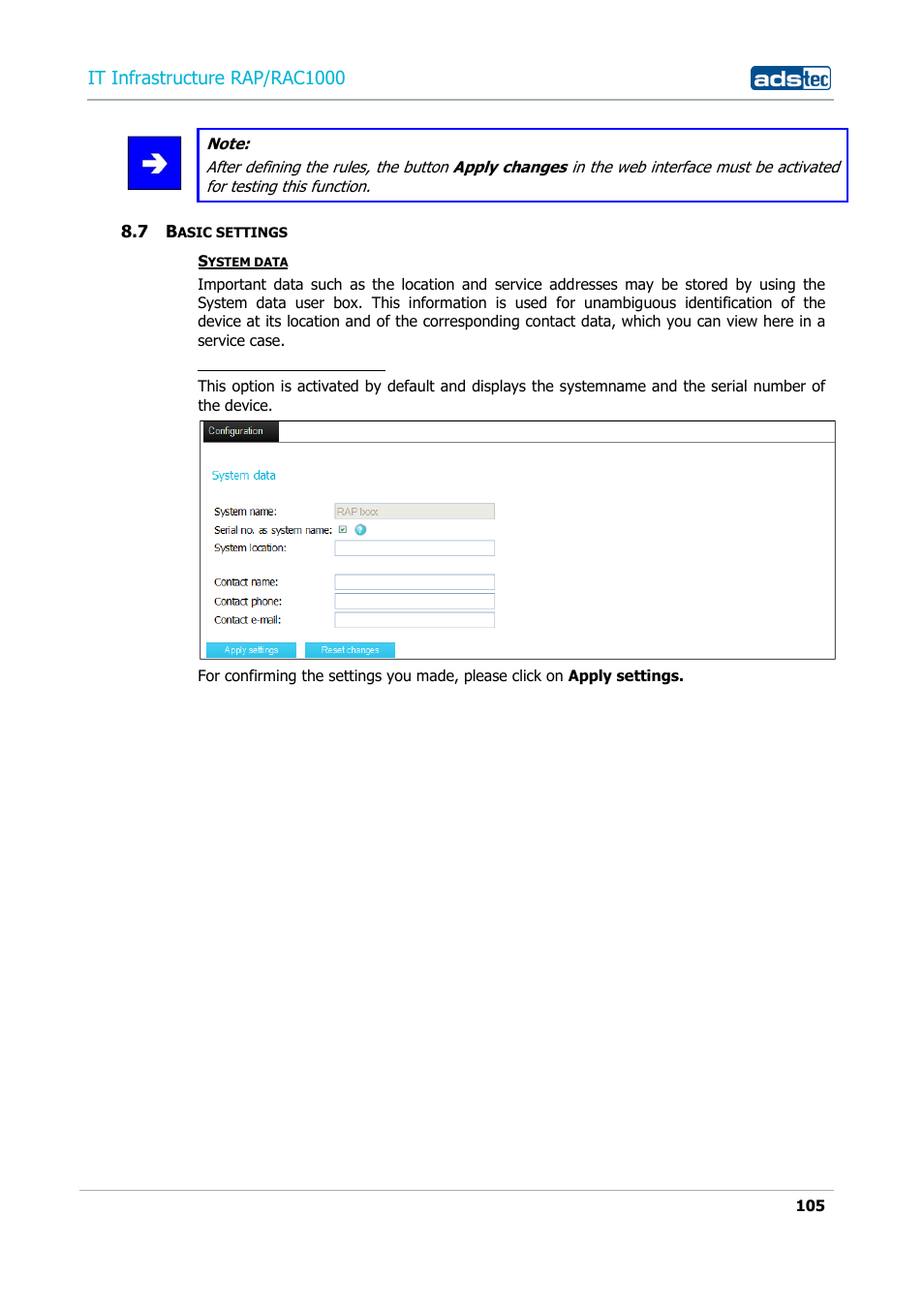 7 basic settings, Asic settings, It infrastructure rap/rac1000 | ADS-TEC RAP/RAC1000 User Manual User Manual | Page 105 / 215