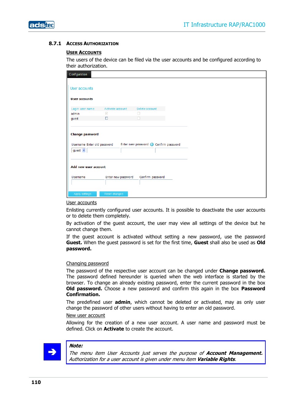 1 access authorization, Access authorization, It infrastructure rap/rac1000 | ADS-TEC RAP/RAC1000 User Manual User Manual | Page 110 / 215