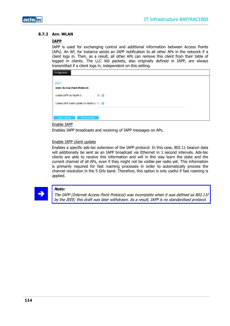 2 adv. wlan, Adv. wlan, It infrastructure rap/rac1000 | ADS-TEC RAP/RAC1000 User Manual User Manual | Page 114 / 215