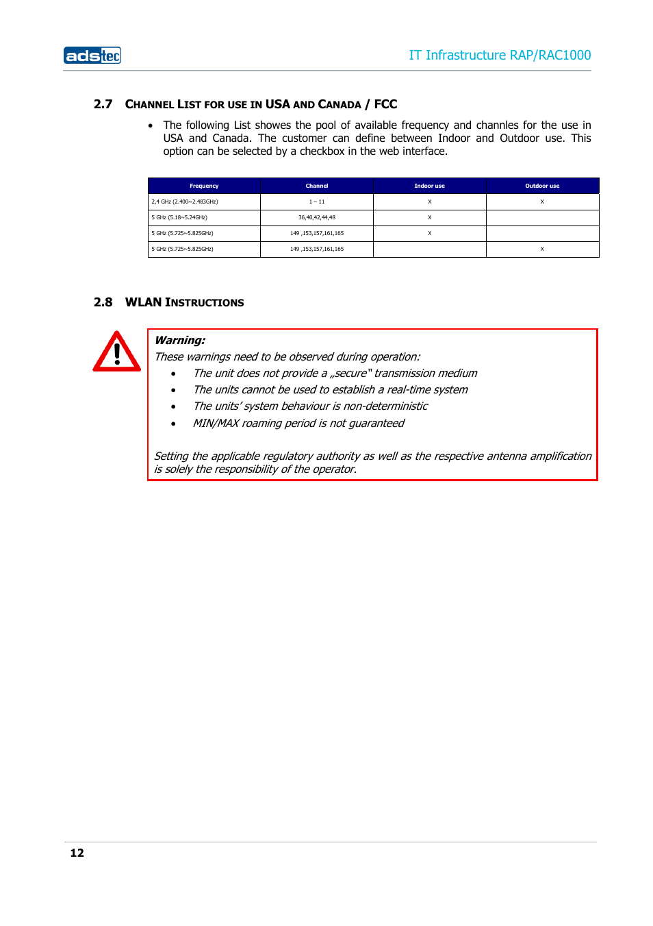 7 channel list for use in usa and canada / fcc, 8 wlan instructions, Hannel | Ist for use in, Anada, Wlan, Nstructions, It infrastructure rap/rac1000, 8 wlan | ADS-TEC RAP/RAC1000 User Manual User Manual | Page 12 / 215