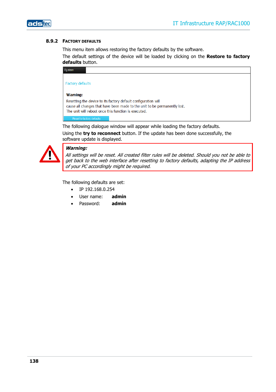 2 factory defaults, Factory defaults, It infrastructure rap/rac1000 | ADS-TEC RAP/RAC1000 User Manual User Manual | Page 138 / 215