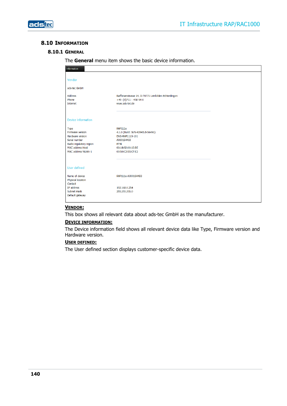 10 information, 1 general, Nformation | General, It infrastructure rap/rac1000 | ADS-TEC RAP/RAC1000 User Manual User Manual | Page 140 / 215