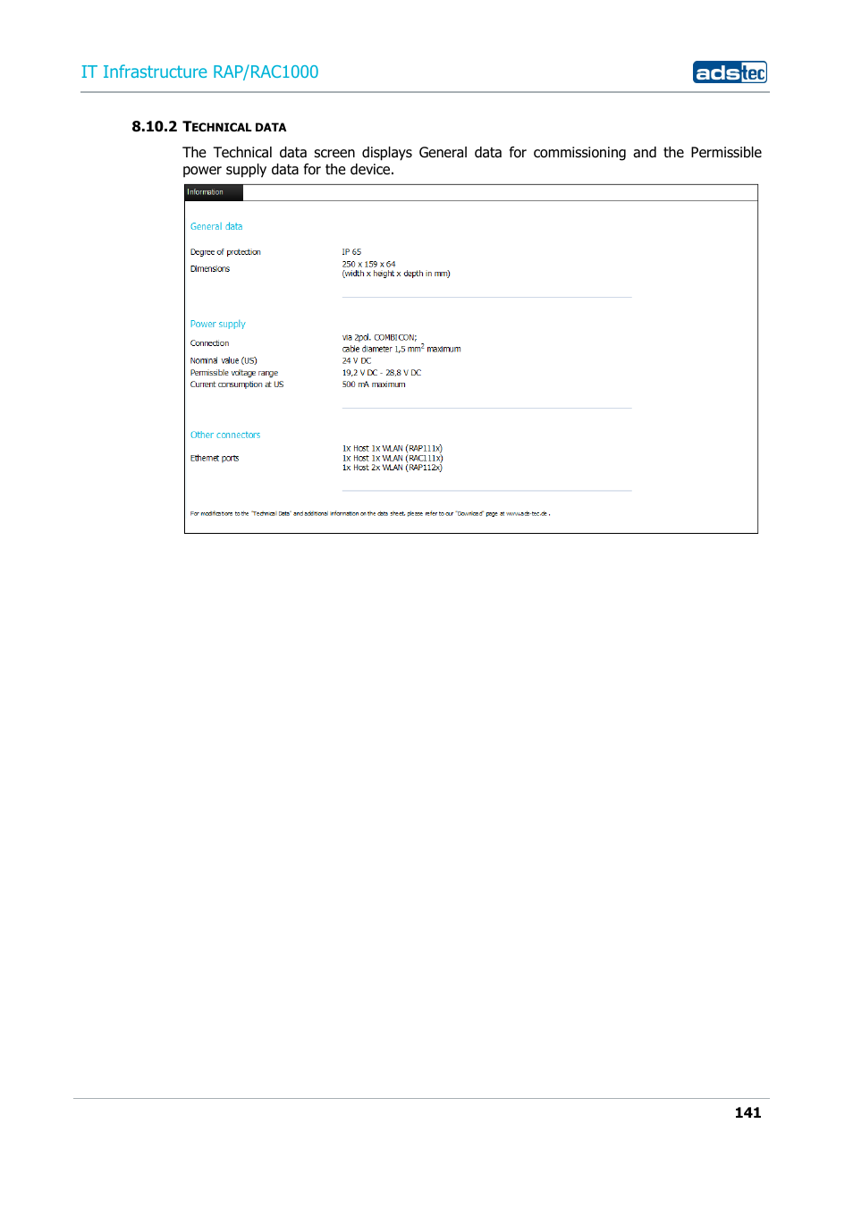 2 technical data, Technical data, It infrastructure rap/rac1000 | ADS-TEC RAP/RAC1000 User Manual User Manual | Page 141 / 215