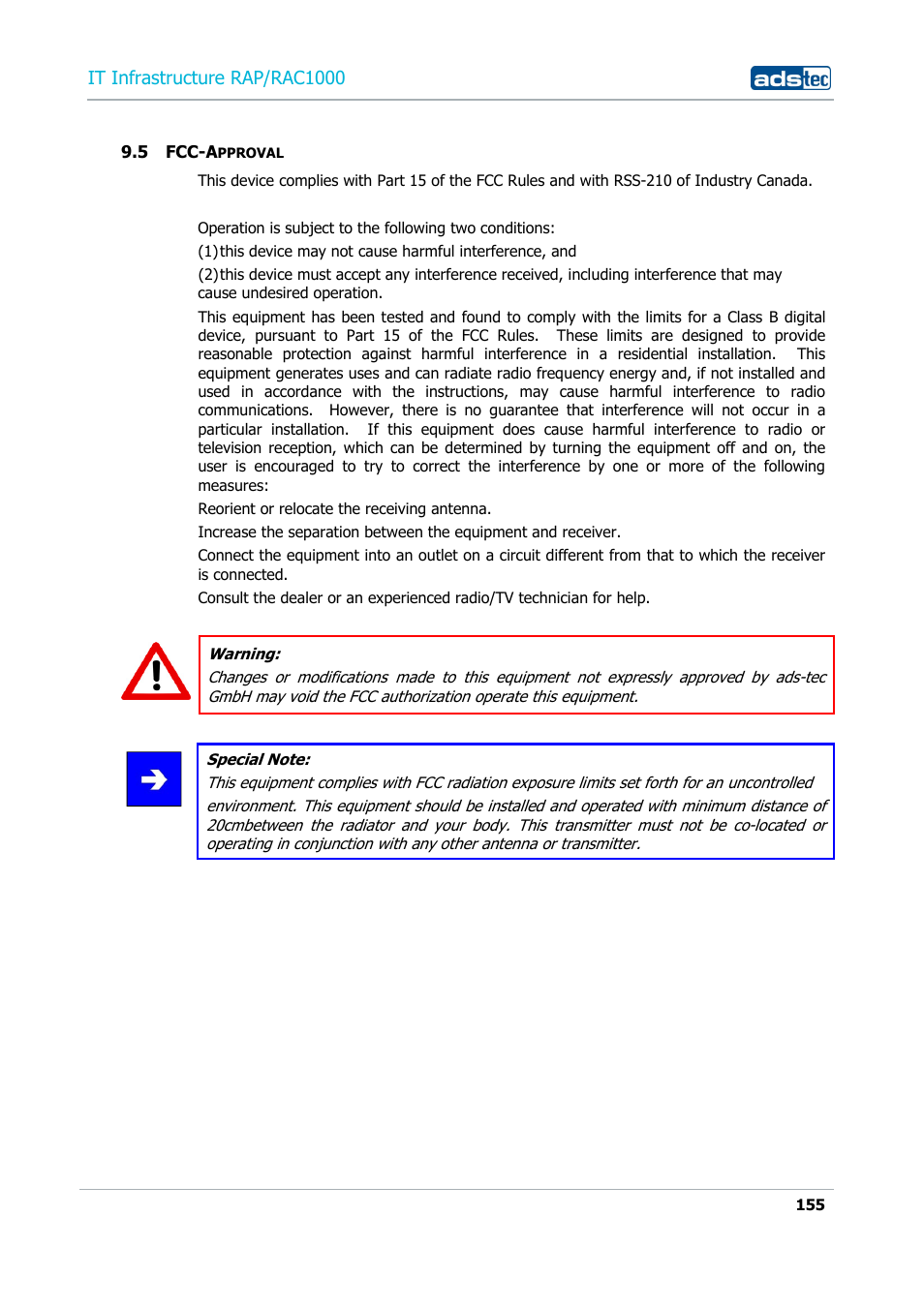 5 fcc-approval, Fcc-a, Pproval | It infrastructure rap/rac1000 | ADS-TEC RAP/RAC1000 User Manual User Manual | Page 155 / 215
