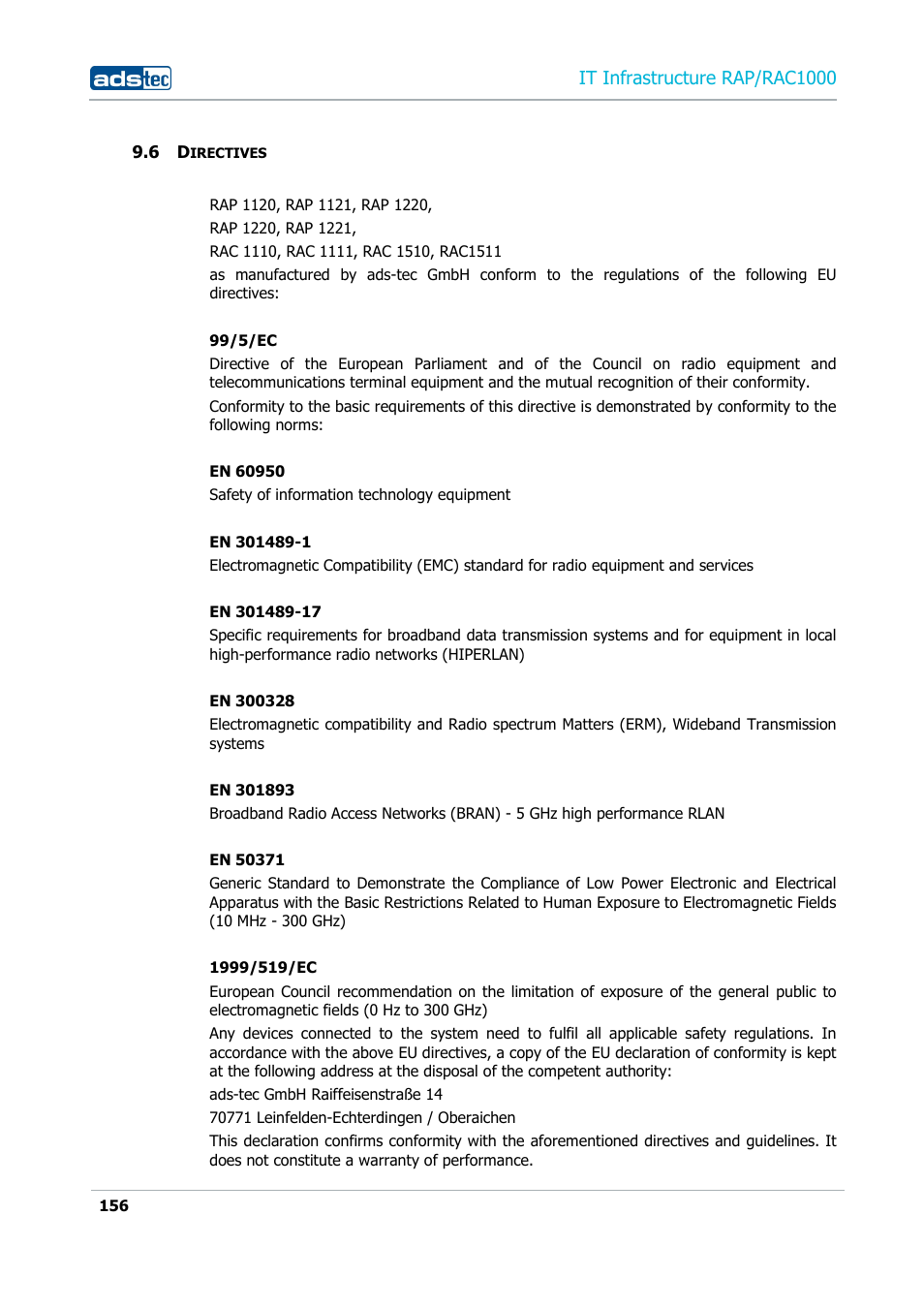 6 directives, Irectives, It infrastructure rap/rac1000 | ADS-TEC RAP/RAC1000 User Manual User Manual | Page 156 / 215