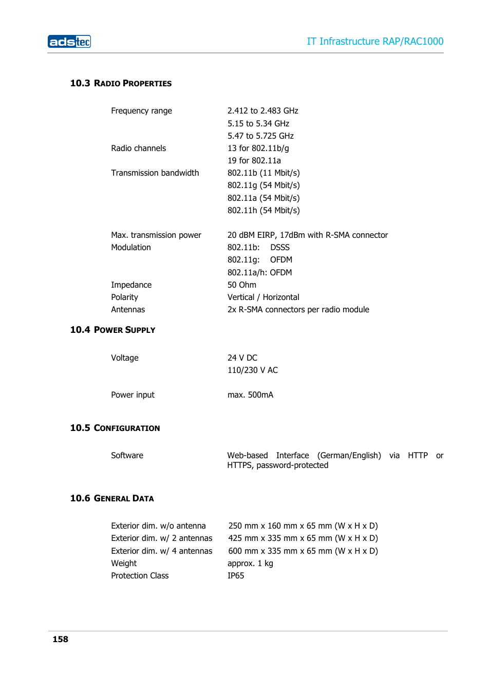3 radio properties, 4 power supply, 5 configuration | 6 general data, Adio, Roperties, Ower, Upply, Onfiguration, Eneral | ADS-TEC RAP/RAC1000 User Manual User Manual | Page 158 / 215