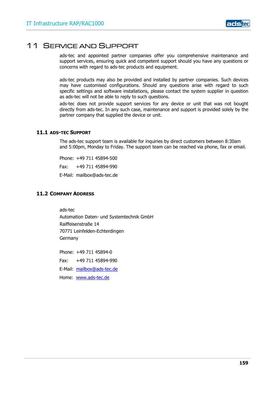 11 service and support, 1 ads-tec support, 2 company address | Ervice and, Upport, Ompany, Ddress, 11 s | ADS-TEC RAP/RAC1000 User Manual User Manual | Page 159 / 215
