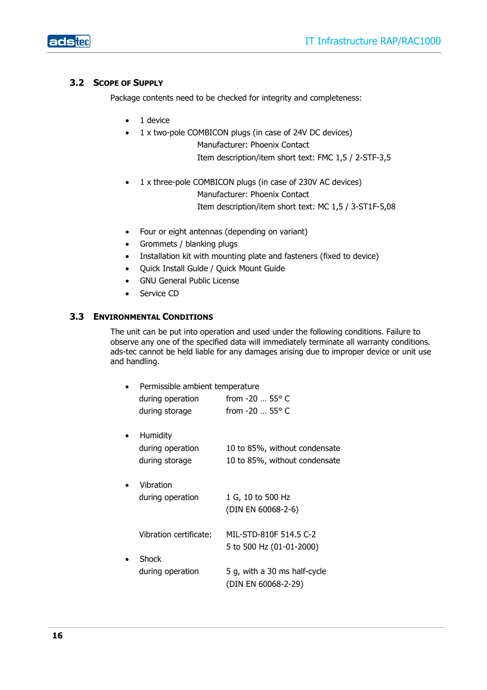 2 scope of supply, 3 environmental conditions, Cope of | Upply, Nvironmental, Onditions, It infrastructure rap/rac1000 | ADS-TEC RAP/RAC1000 User Manual User Manual | Page 16 / 215
