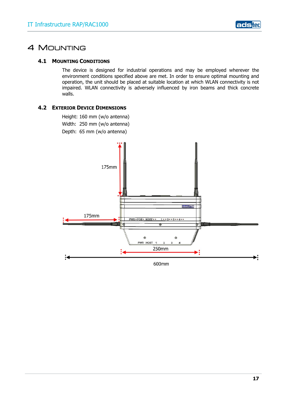 4 mounting, 1 mounting conditions, 2 exterior device dimensions | Ounting, Onditions, Xterior, Evice, Imensions | ADS-TEC RAP/RAC1000 User Manual User Manual | Page 17 / 215