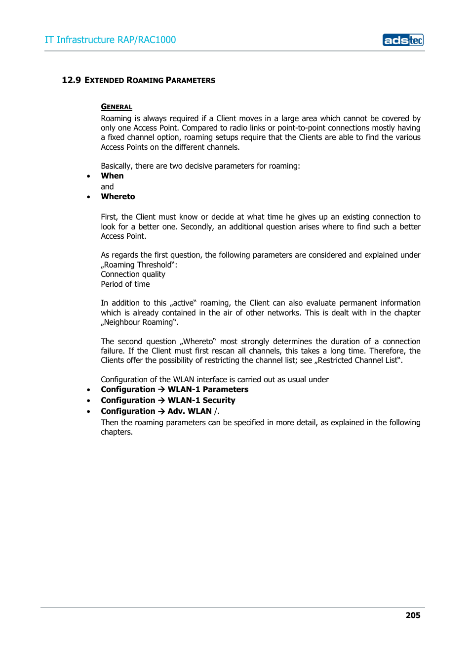 9 extended roaming parameters, Xtended, Oaming | Arameters, It infrastructure rap/rac1000 | ADS-TEC RAP/RAC1000 User Manual User Manual | Page 205 / 215