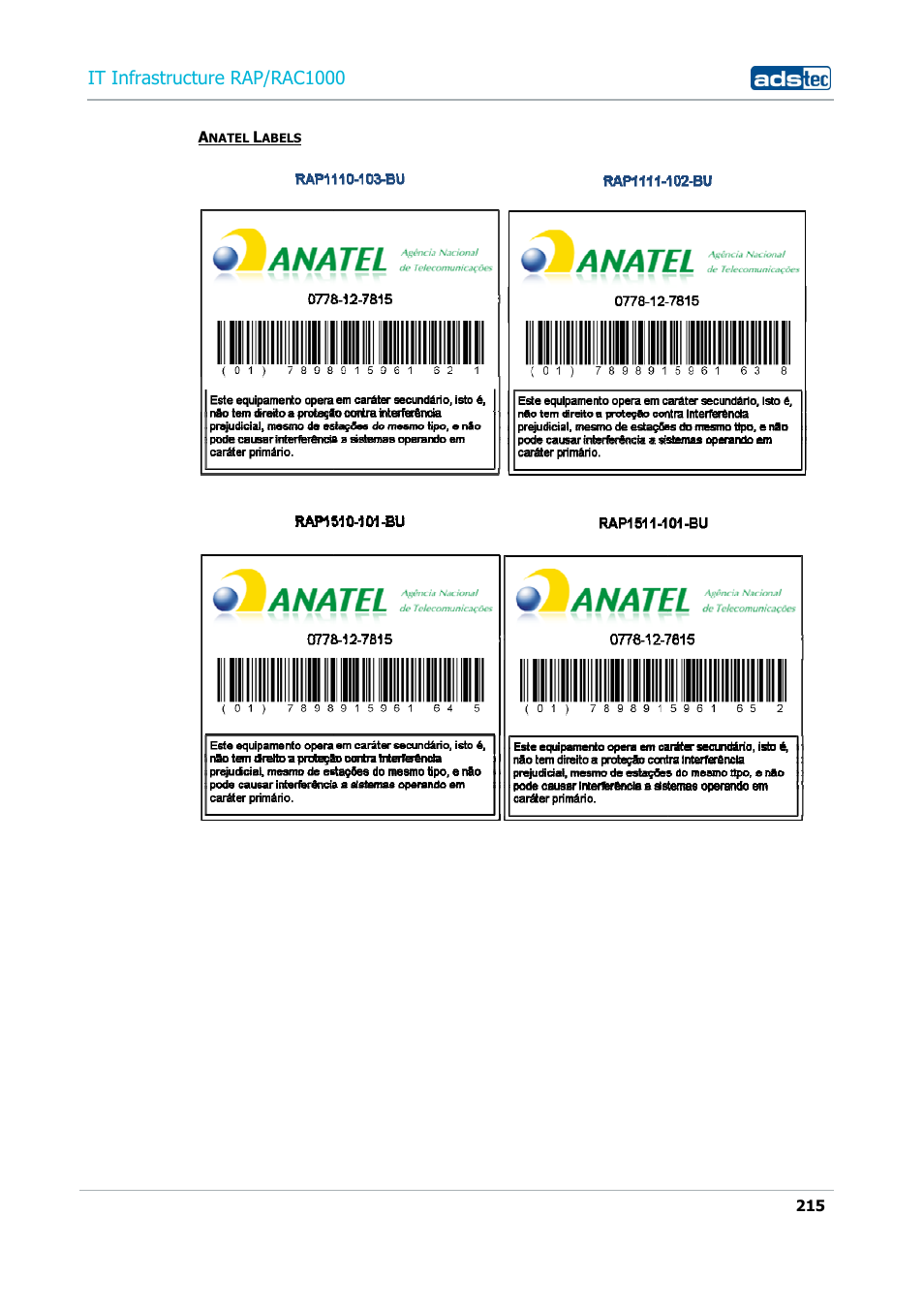 It infrastructure rap/rac100 | ADS-TEC RAP/RAC1000 User Manual User Manual | Page 215 / 215