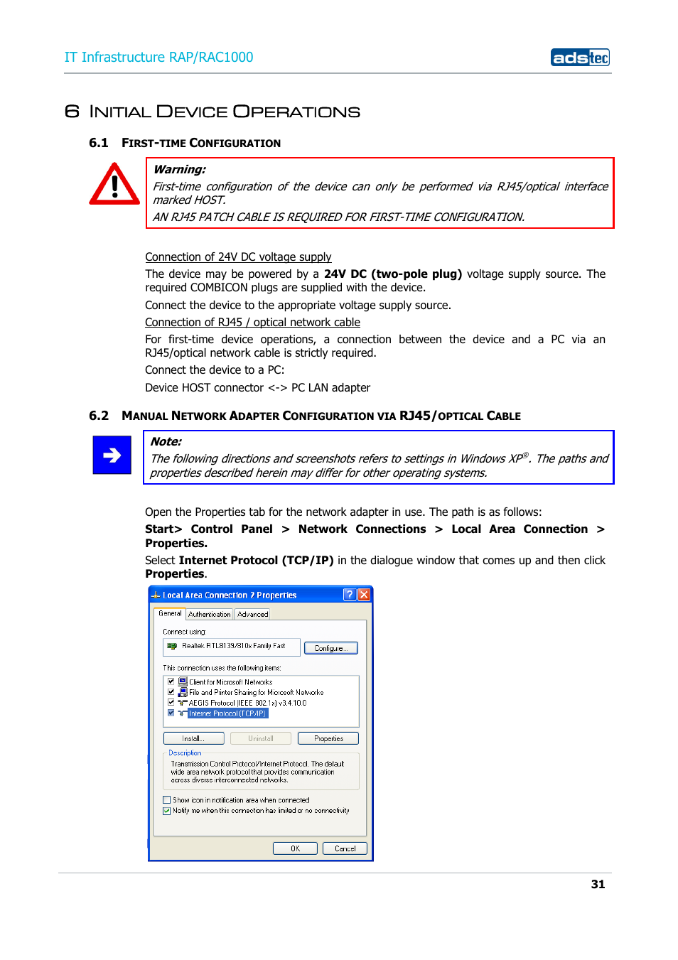 6 initial device operations, 1 first-time configuration, Nitial | Evice, Perations, Irst, Time, Onfiguration, Anual, Etwork | ADS-TEC RAP/RAC1000 User Manual User Manual | Page 31 / 215