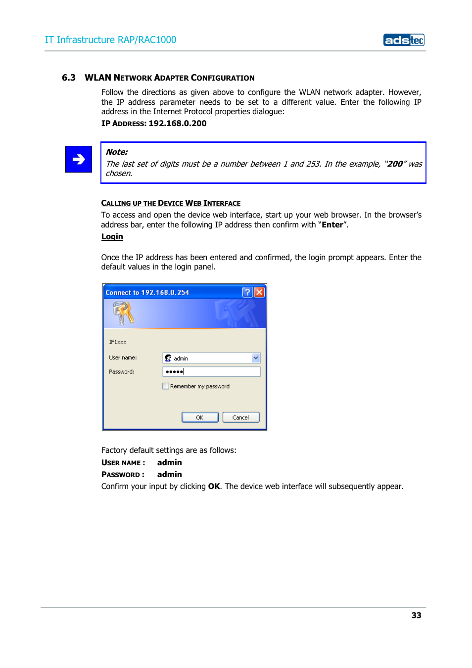 3 wlan network adapter configuration, Wlan, Etwork | Dapter, Onfiguration, It infrastructure rap/rac1000 | ADS-TEC RAP/RAC1000 User Manual User Manual | Page 33 / 215