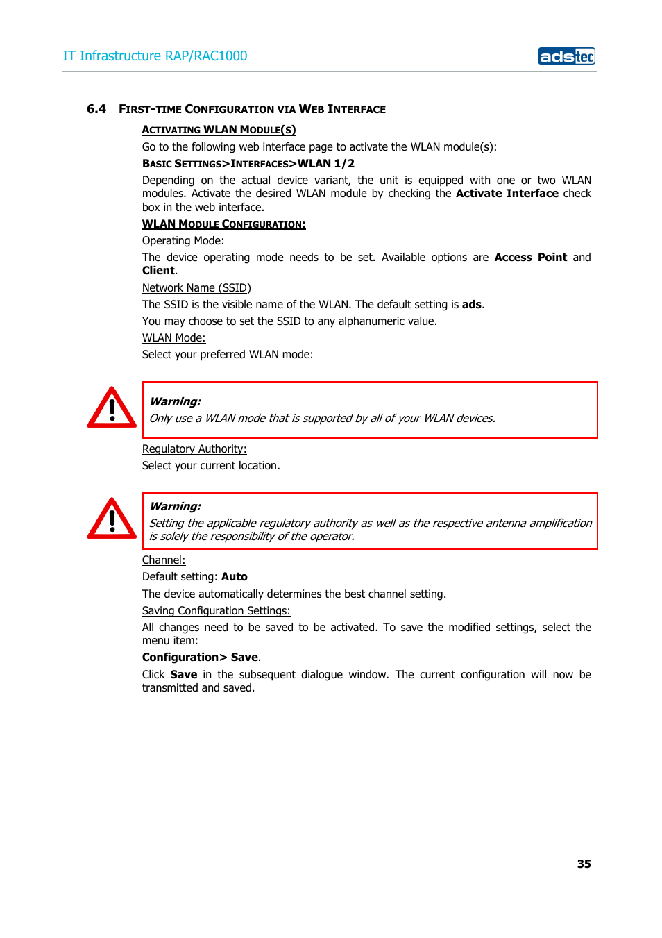 4 first-time configuration via web interface, Irst, Time | Onfiguration via, Nterface, It infrastructure rap/rac1000 | ADS-TEC RAP/RAC1000 User Manual User Manual | Page 35 / 215
