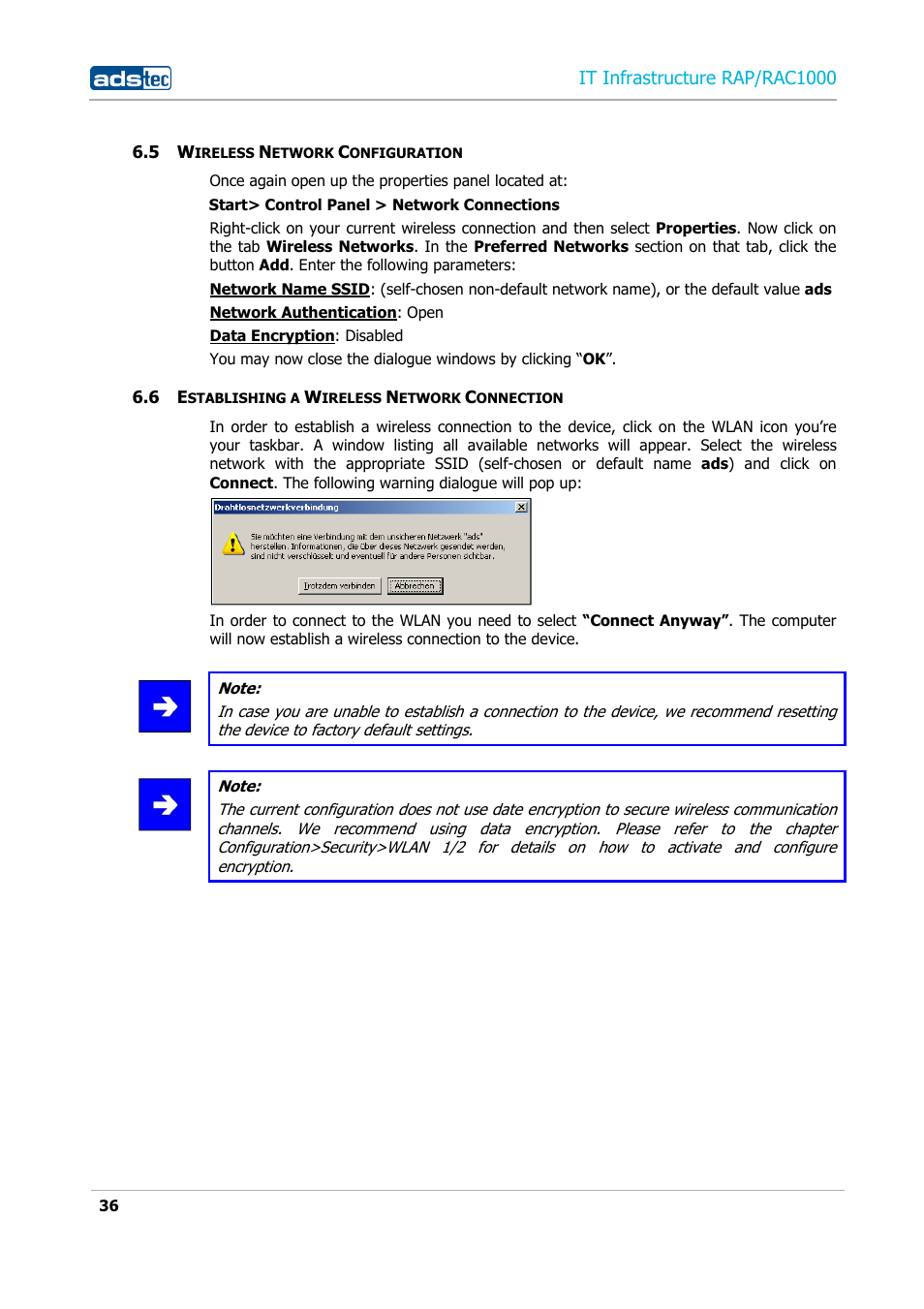 5 wireless network configuration, 6 establishing a wireless network connection, Ireless | Etwork, Onfiguration, Stablishing a, Onnection, It infrastructure rap/rac1000 | ADS-TEC RAP/RAC1000 User Manual User Manual | Page 36 / 215
