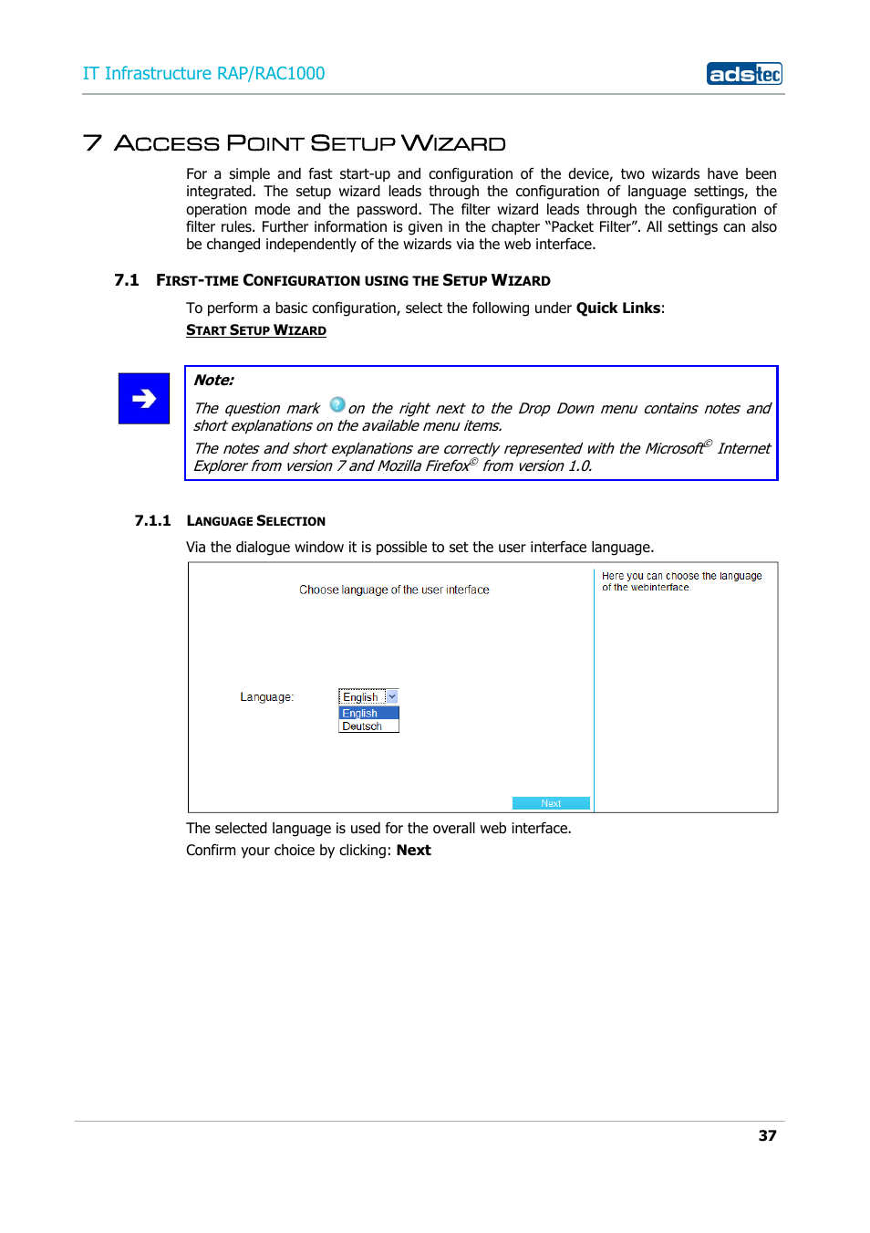 7 access point setup wizard, 1 first-time configuration using the setup wizard, 1 language selection | Ccess, Oint, Etup, Izard, Irst, Time, Onfiguration using the | ADS-TEC RAP/RAC1000 User Manual User Manual | Page 37 / 215