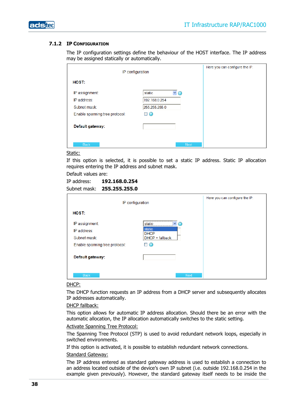 2 ip configuration, Ip configuration, It infrastructure rap/rac1000 | ADS-TEC RAP/RAC1000 User Manual User Manual | Page 38 / 215