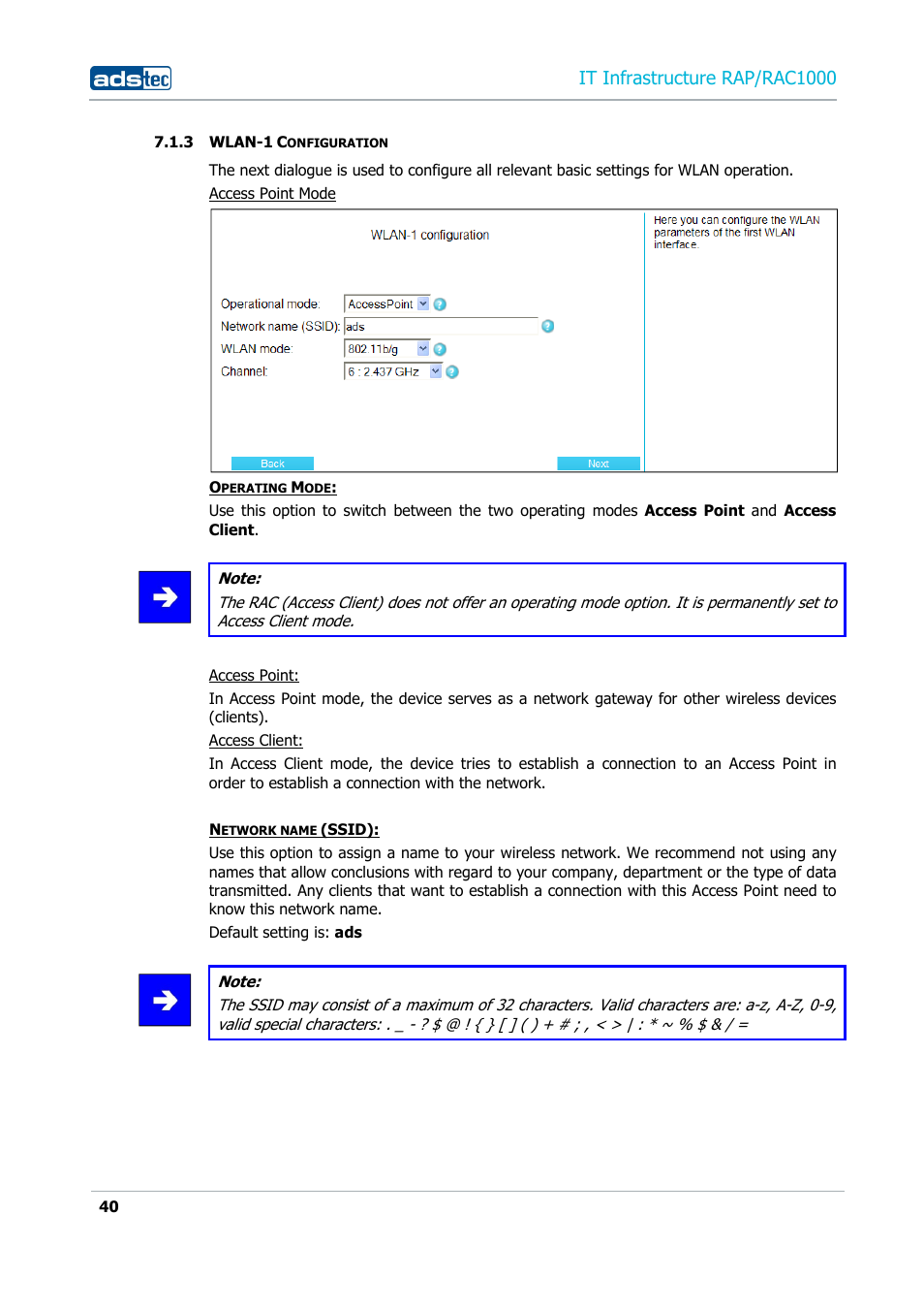 3 wlan-1 configuration, Wlan-1 configuration, It infrastructure rap/rac1000 | ADS-TEC RAP/RAC1000 User Manual User Manual | Page 40 / 215