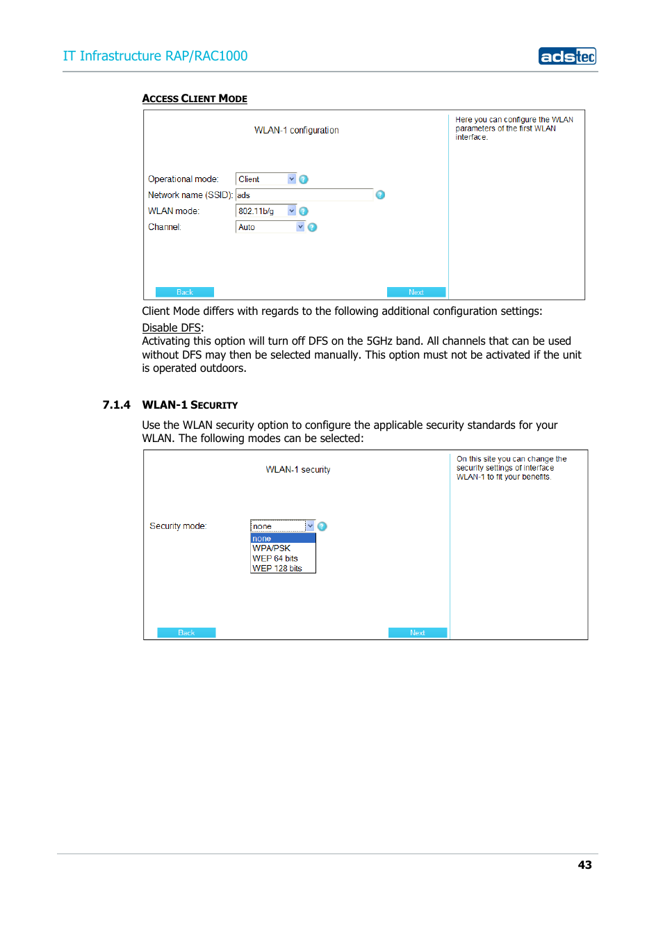 4 wlan-1 security, Wlan-1 security, It infrastructure rap/rac1000 | ADS-TEC RAP/RAC1000 User Manual User Manual | Page 43 / 215