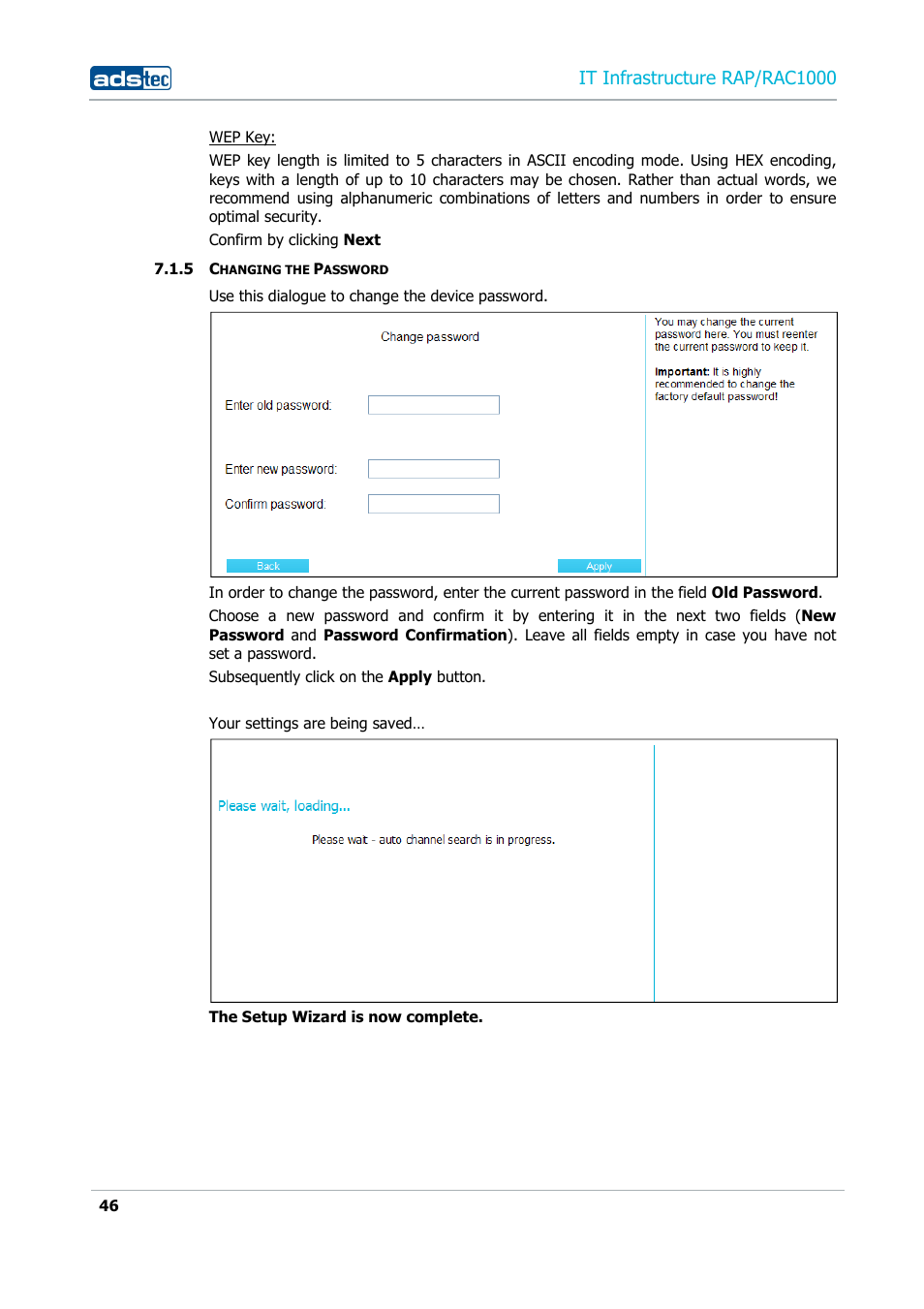 5 changing the password, Changing the password, It infrastructure rap/rac1000 | ADS-TEC RAP/RAC1000 User Manual User Manual | Page 46 / 215