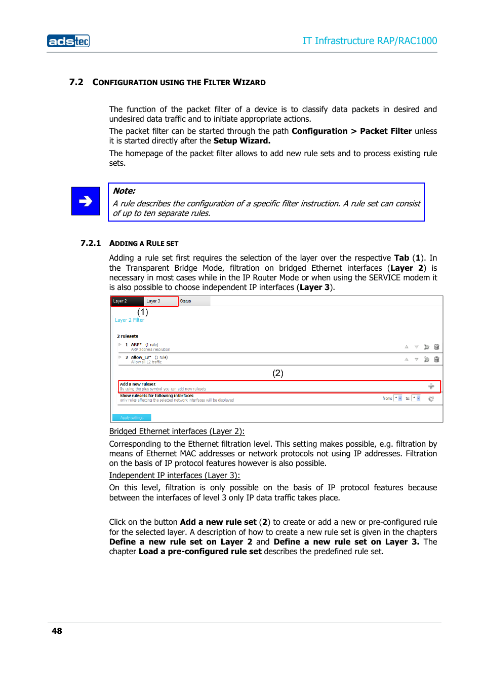 2 configuration using the filter wizard, 1 adding a rule set, Onfiguration using the | Ilter, Izard, Adding a rule set, It infrastructure rap/rac1000 | ADS-TEC RAP/RAC1000 User Manual User Manual | Page 48 / 215