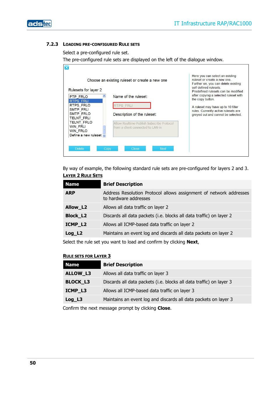 3 loading pre-configured rule sets, Loading pre-configured rule sets, It infrastructure rap/rac1000 | ADS-TEC RAP/RAC1000 User Manual User Manual | Page 50 / 215