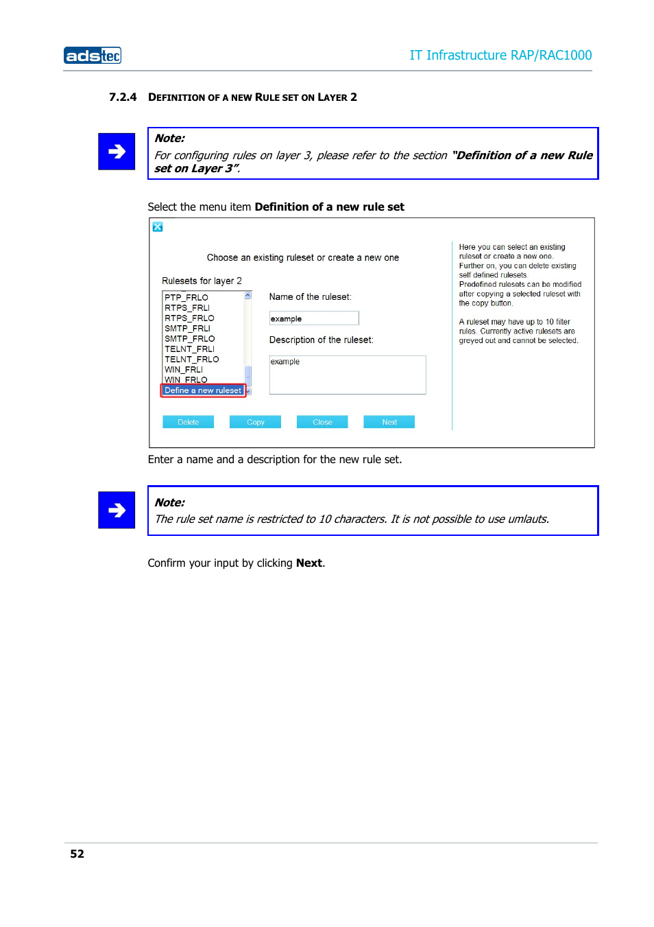 4 definition of a new rule set on layer 2, Definition of a new rule set on layer 2, It infrastructure rap/rac1000 | ADS-TEC RAP/RAC1000 User Manual User Manual | Page 52 / 215
