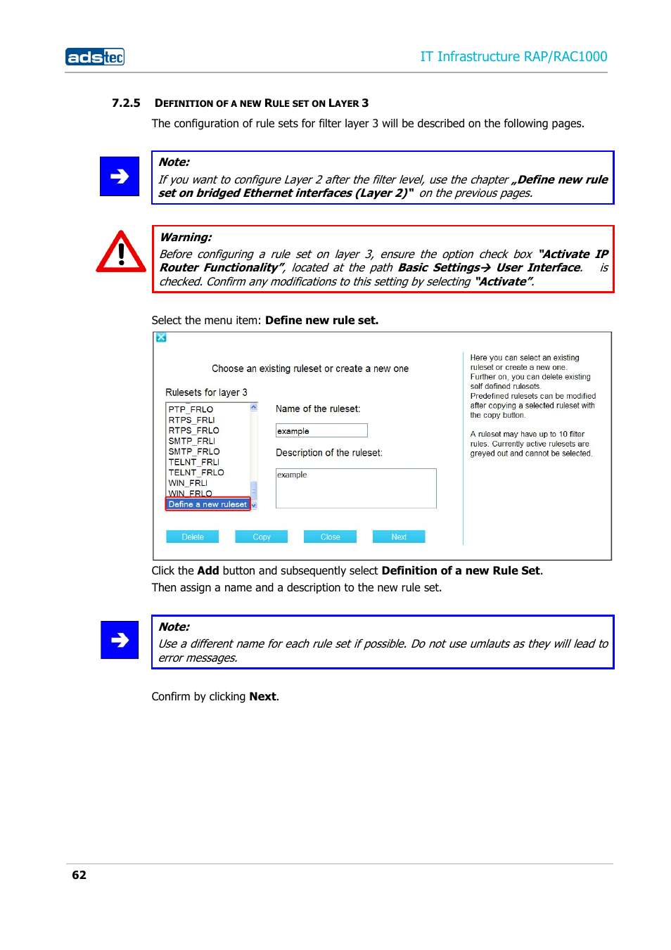 5 definition of a new rule set on layer 3, Definition of a new rule set on layer 3, It infrastructure rap/rac1000 | ADS-TEC RAP/RAC1000 User Manual User Manual | Page 62 / 215