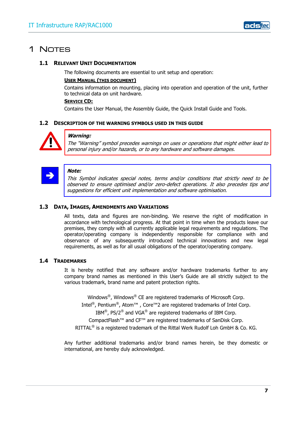 1 notes, 1 relevant unit documentation, 3 data, images, amendments and variations | 4 trademarks, Otes, Elevant, Ocumentation, Mages, Mendments and, Ariations | ADS-TEC RAP/RAC1000 User Manual User Manual | Page 7 / 215