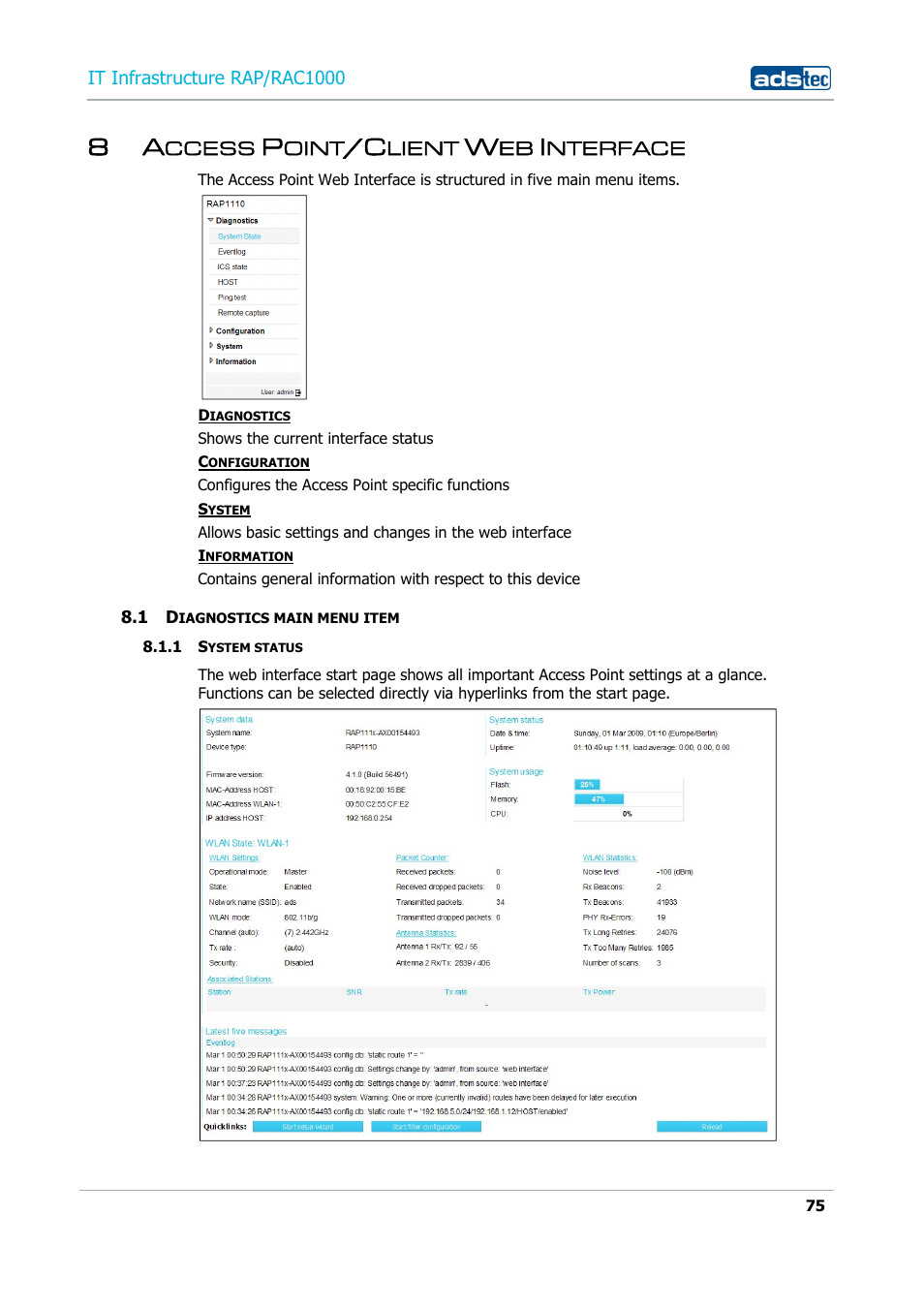 8 access point/client web interface, 1 diagnostics main menu item, 1 system status | Ccess, Oint, Lient, Nterface, Iagnostics main menu item, System status | ADS-TEC RAP/RAC1000 User Manual User Manual | Page 75 / 215