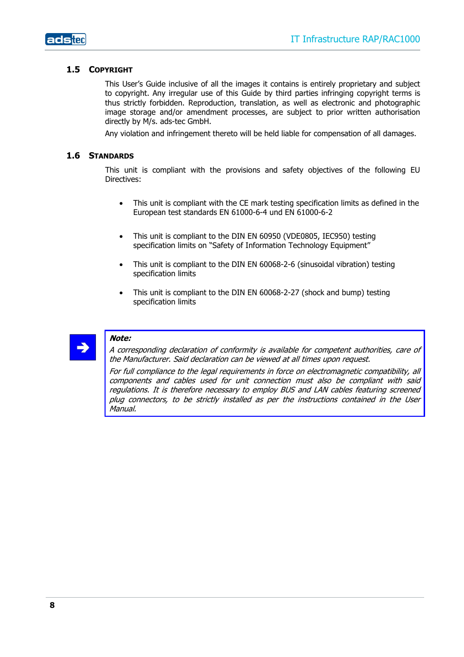 5 copyright, 6 standards, Opyright | Tandards, It infrastructure rap/rac1000 | ADS-TEC RAP/RAC1000 User Manual User Manual | Page 8 / 215