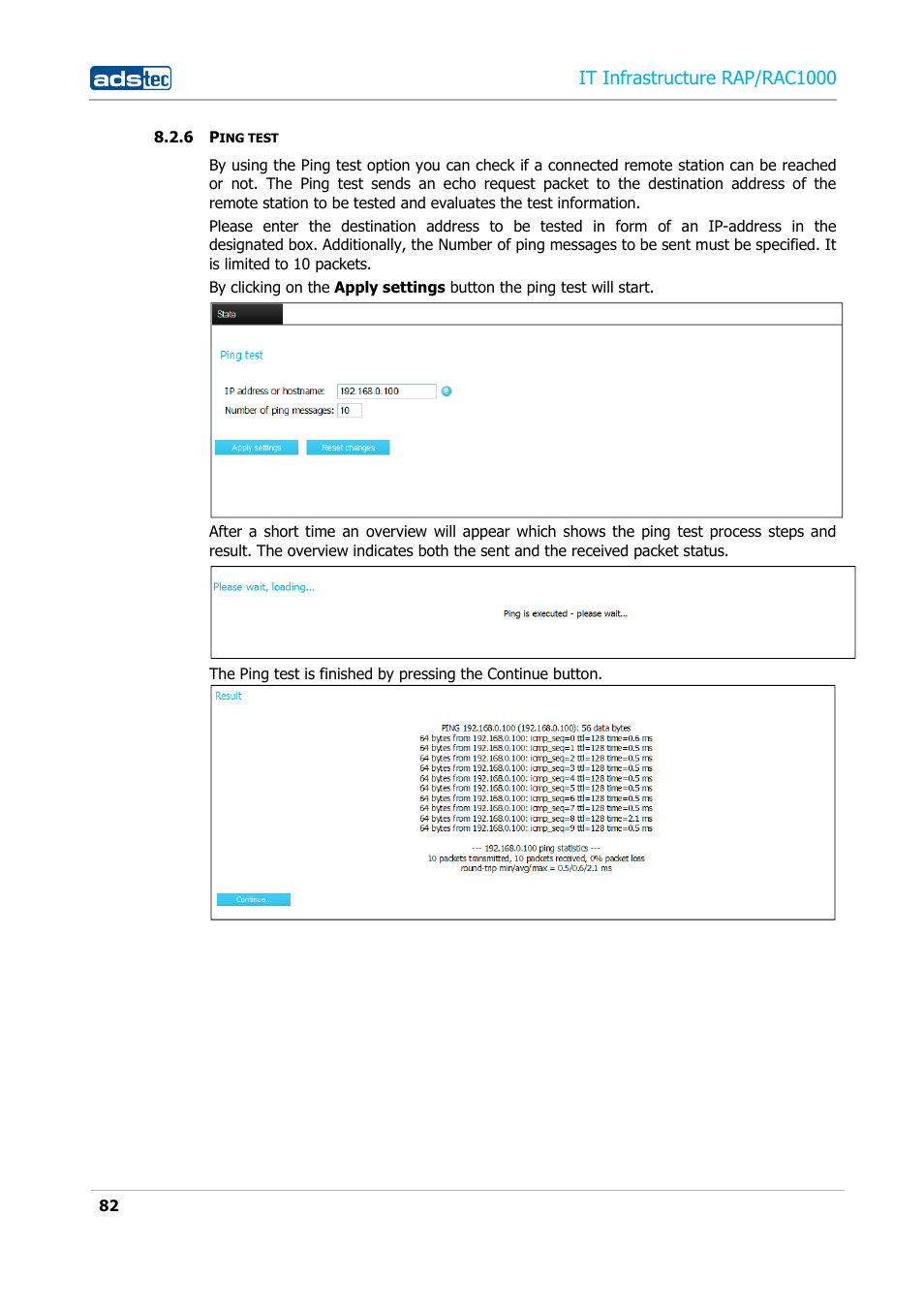 6 ping test, Ping test, It infrastructure rap/rac1000 | ADS-TEC RAP/RAC1000 User Manual User Manual | Page 82 / 215