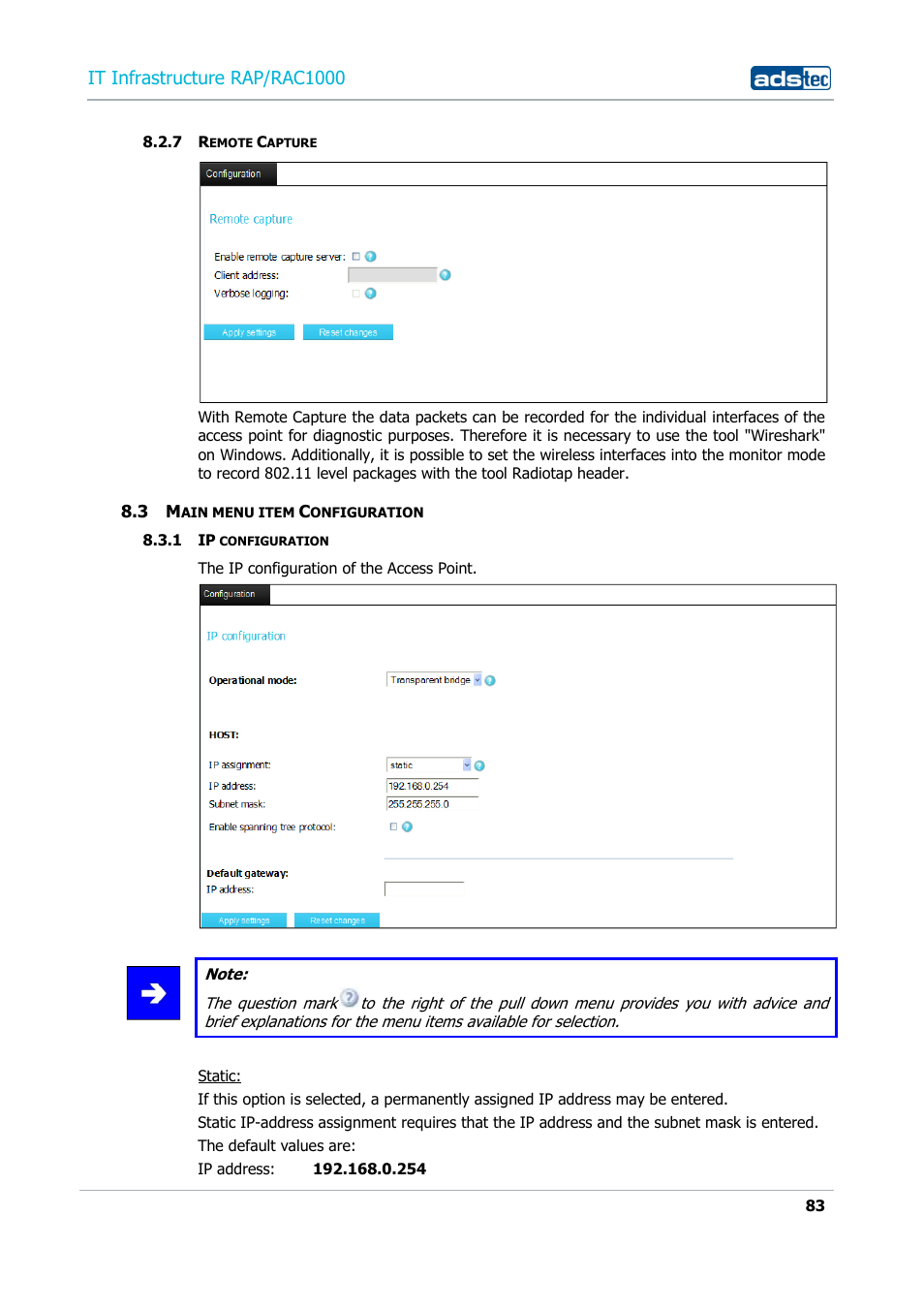 7 remote capture, 3 main menu item configuration, 1 ip configuration | Remote capture, Ain menu item, Onfiguration, Ip configuration, It infrastructure rap/rac1000 | ADS-TEC RAP/RAC1000 User Manual User Manual | Page 83 / 215