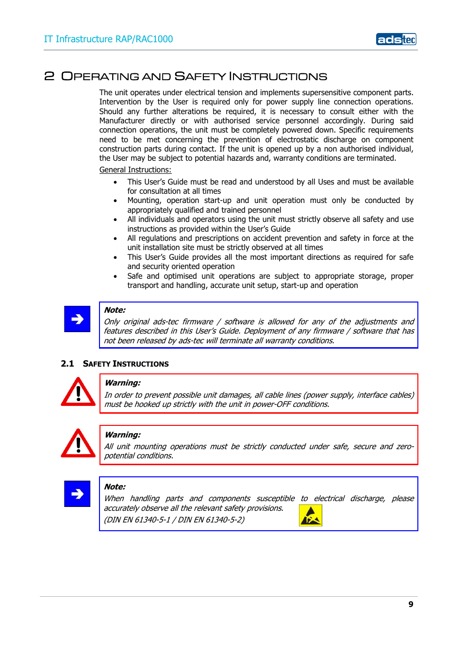 2 operating and safety instructions, 1 safety instructions, Perating and | Afety, Nstructions | ADS-TEC RAP/RAC1000 User Manual User Manual | Page 9 / 215