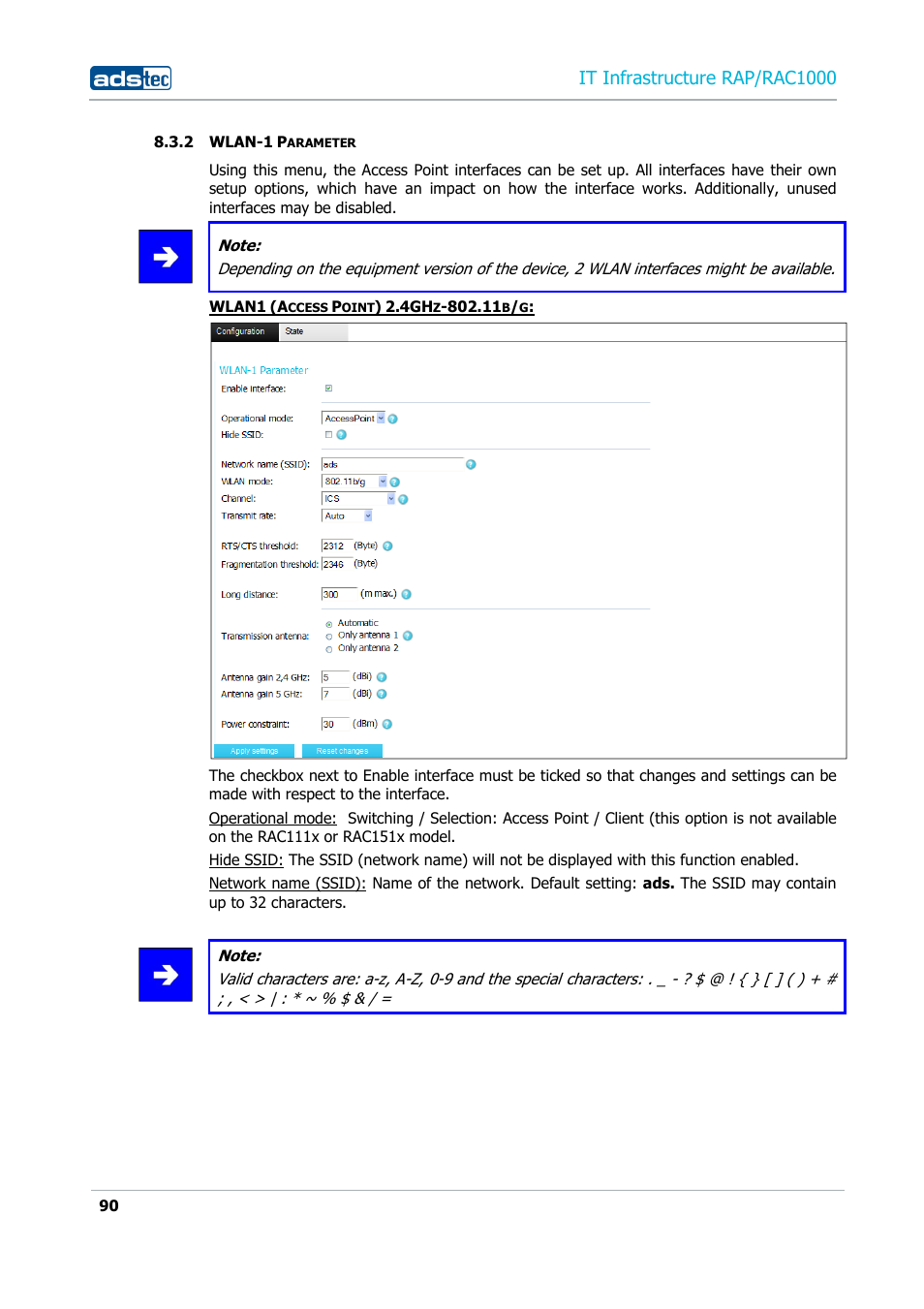 2 wlan-1 parameter, Wlan-1 parameter, It infrastructure rap/rac1000 | ADS-TEC RAP/RAC1000 User Manual User Manual | Page 90 / 215