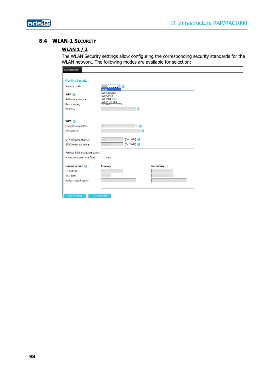 4 wlan-1 security, Wlan-1, Ecurity | It infrastructure rap/rac1000 | ADS-TEC RAP/RAC1000 User Manual User Manual | Page 98 / 215