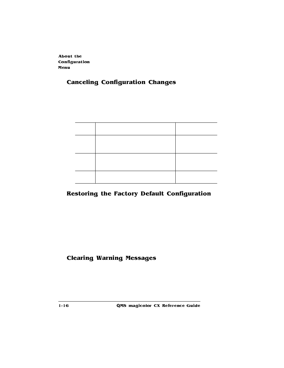 Canceling configuration changes, Restoring the factory default configuration, Clearing warning messages | Konica Minolta QMS magicolor CX Reference User Manual | Page 24 / 202